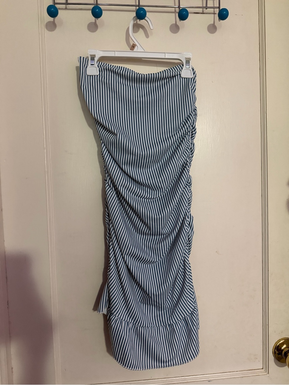 Edikted Blue and White Striped Ruched Midi Skirt